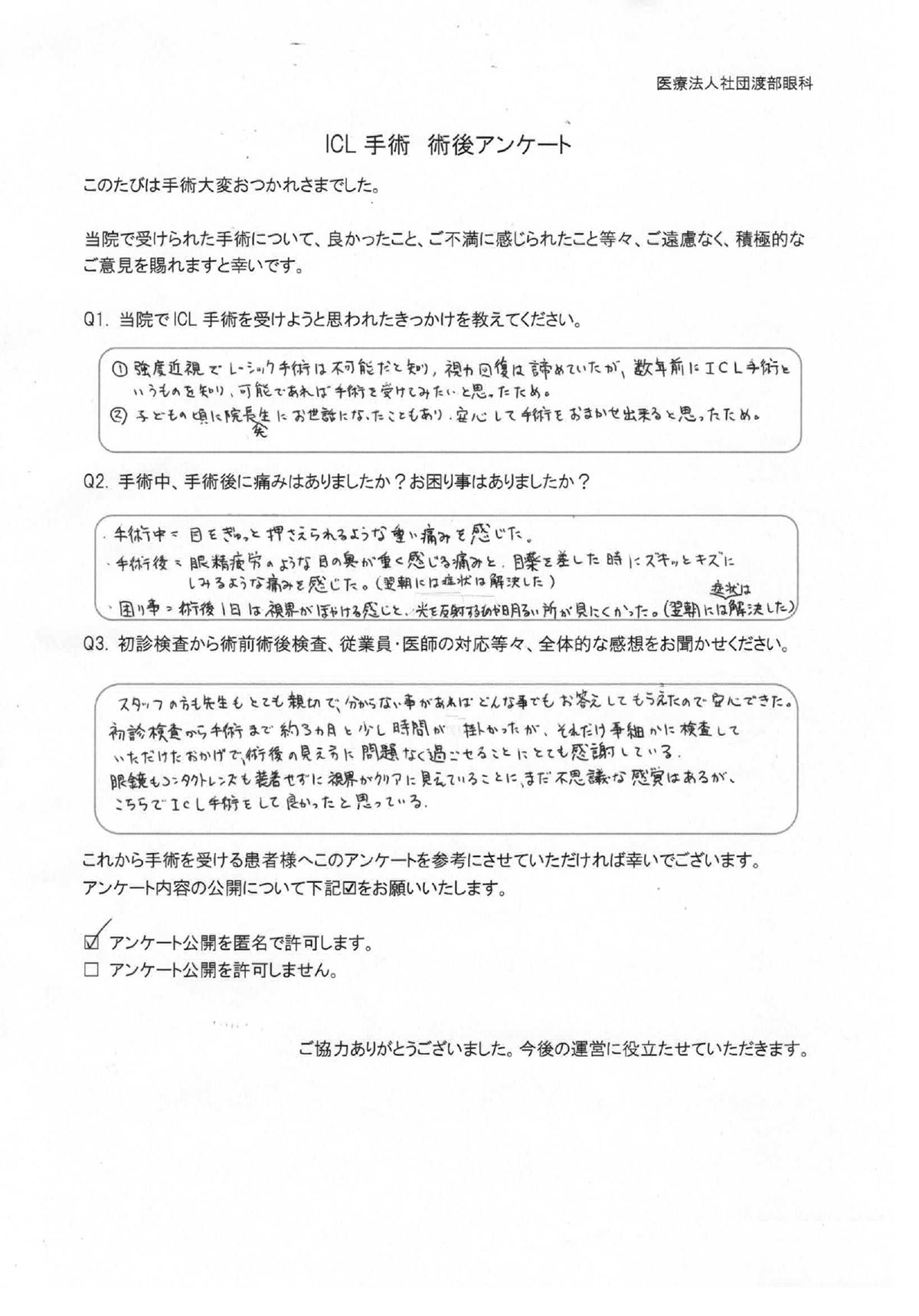 ICL手術 術後アンケート