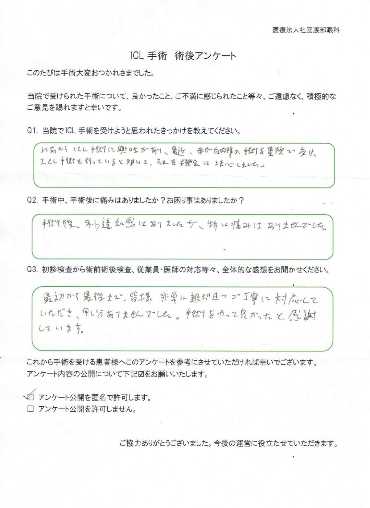 ICL手術 術後アンケート