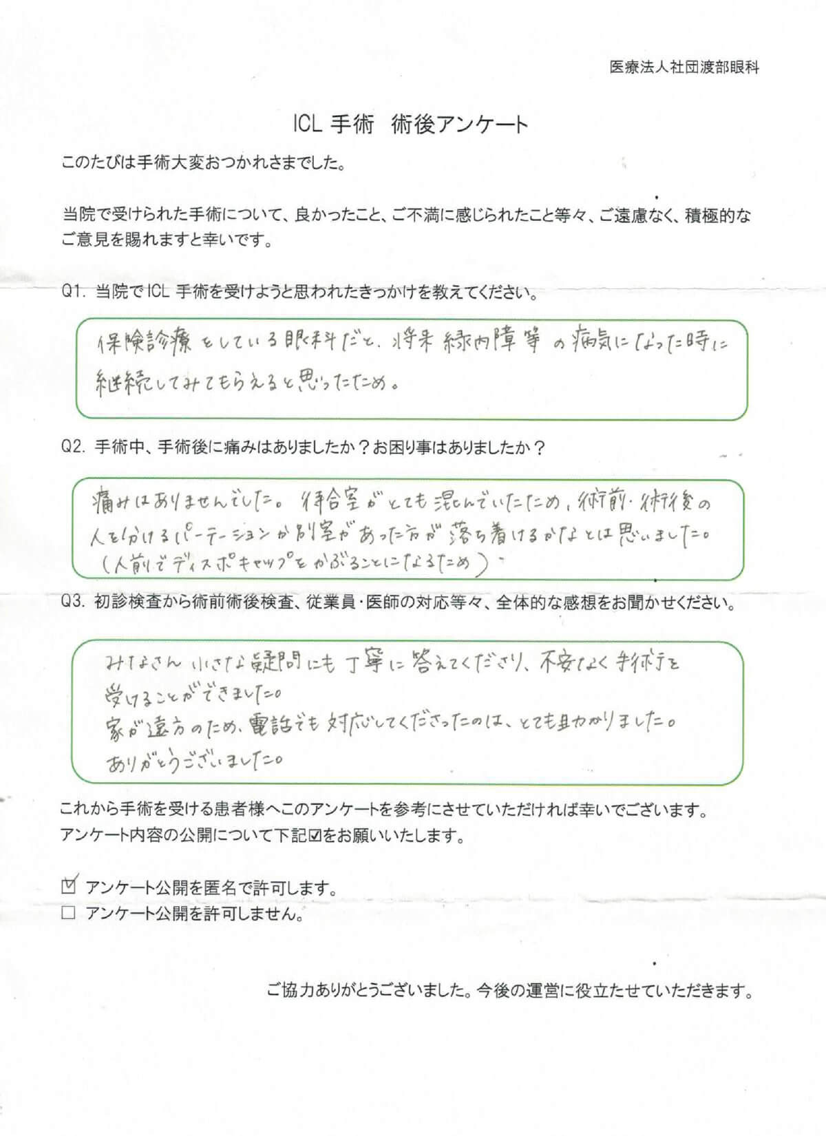 ICL手術 術後アンケート