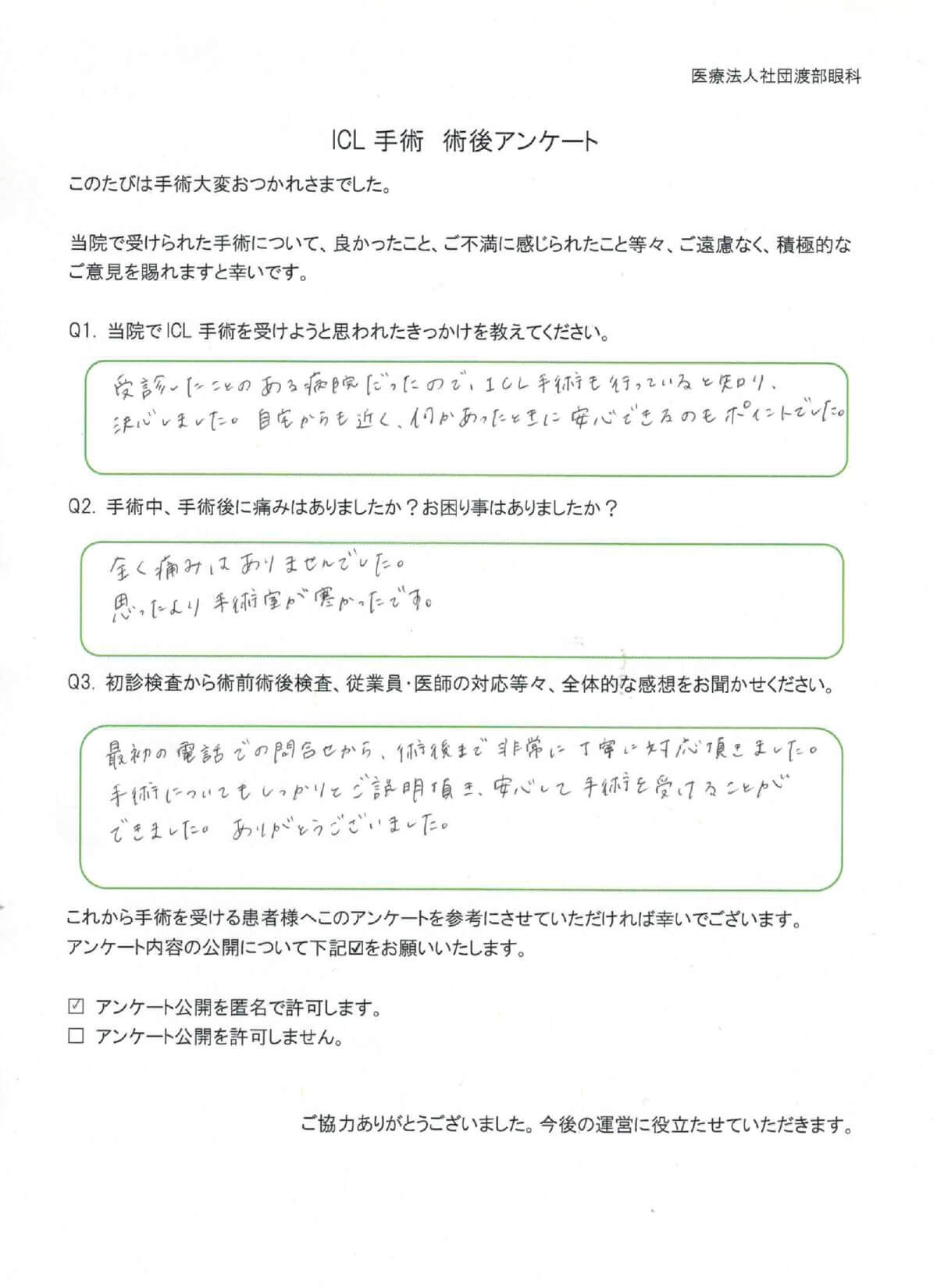ICL手術 術後アンケート