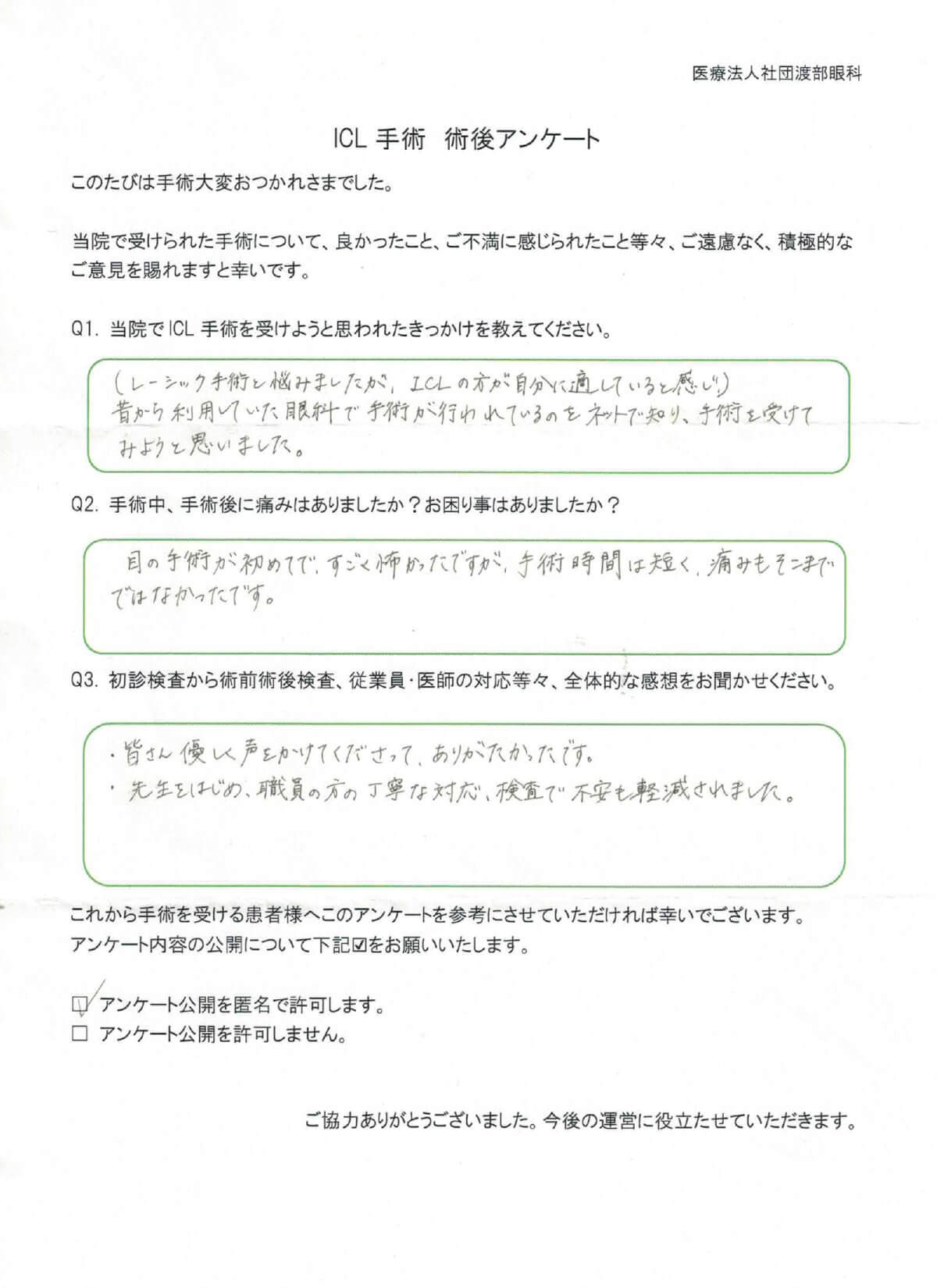 ICL手術 術後アンケート