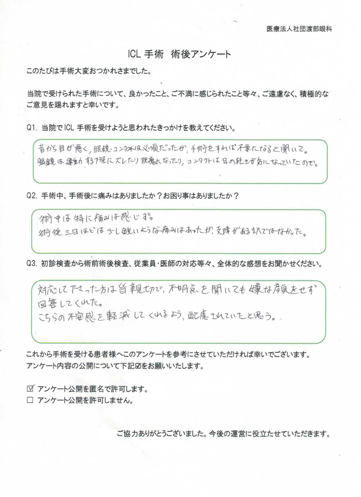 ICL手術 術後アンケート