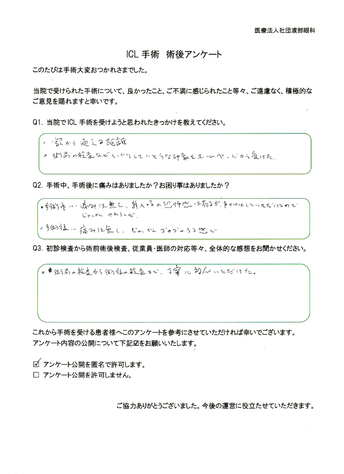 ICL手術 術後アンケート