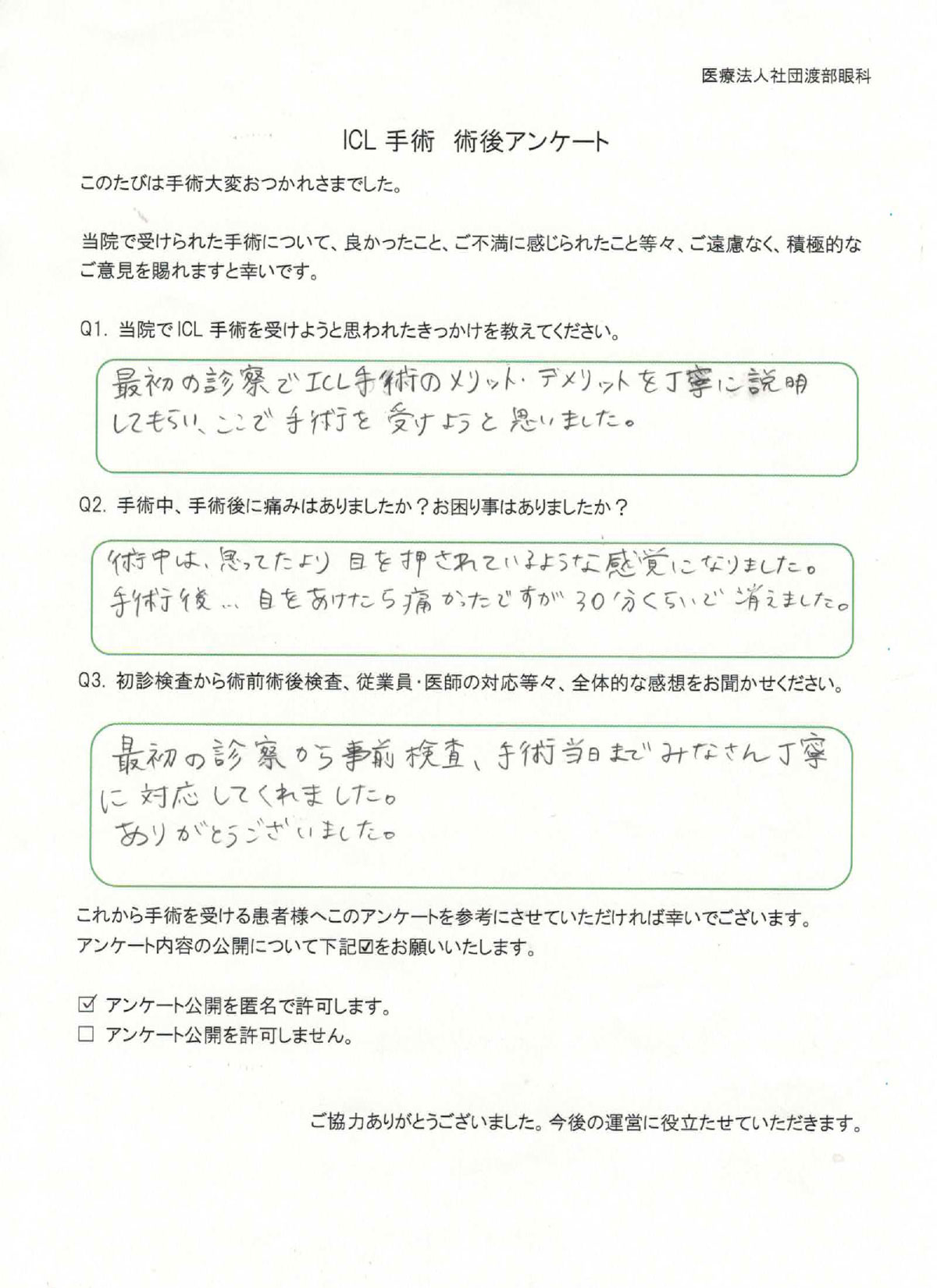 ICL手術 術後アンケート