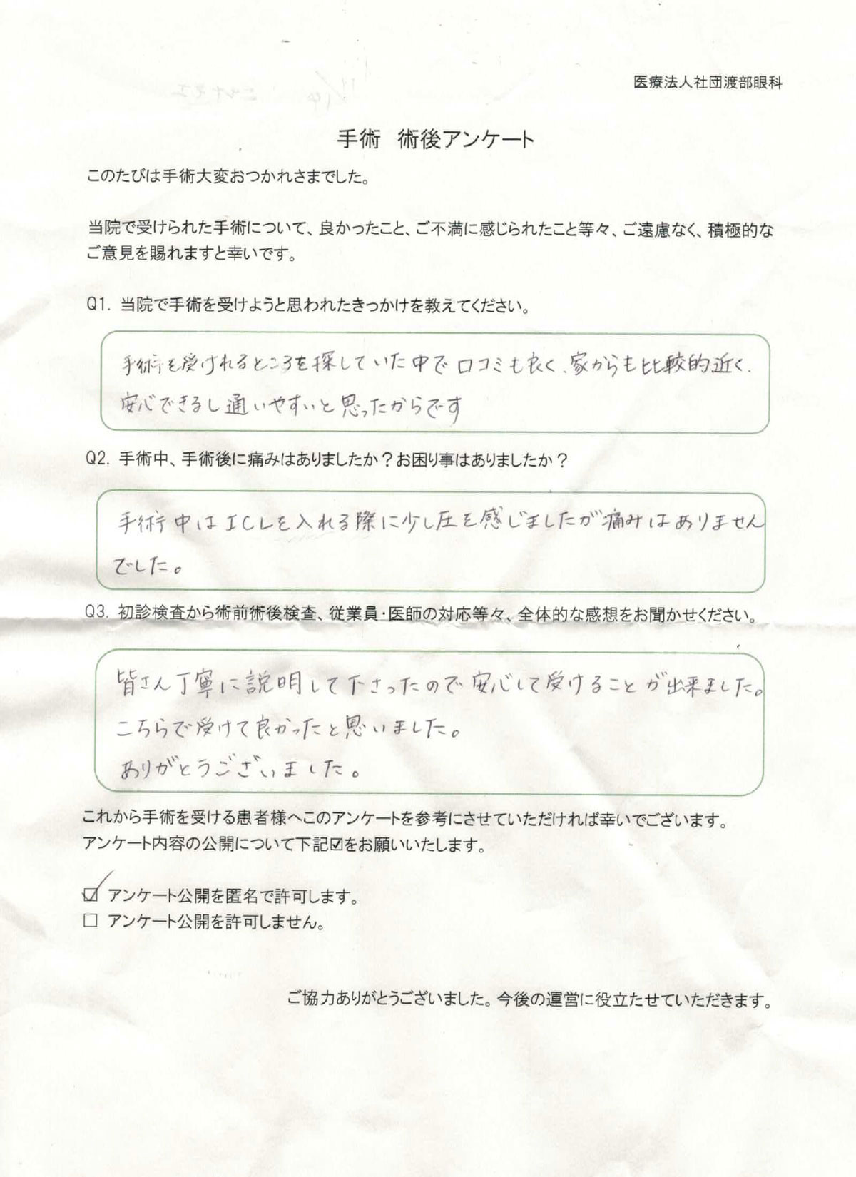 ICL手術 術後アンケート