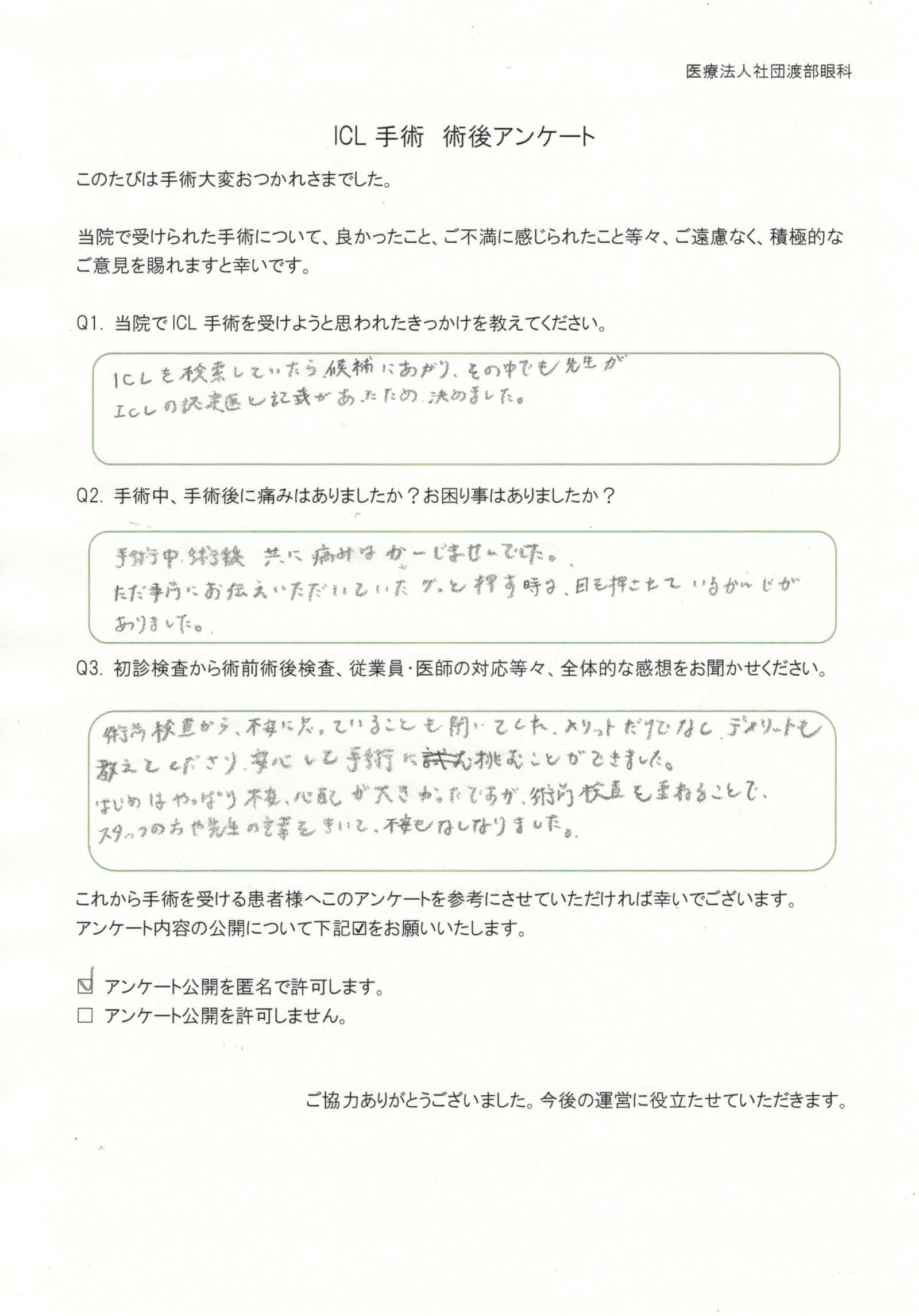 ICL手術 術後アンケート
