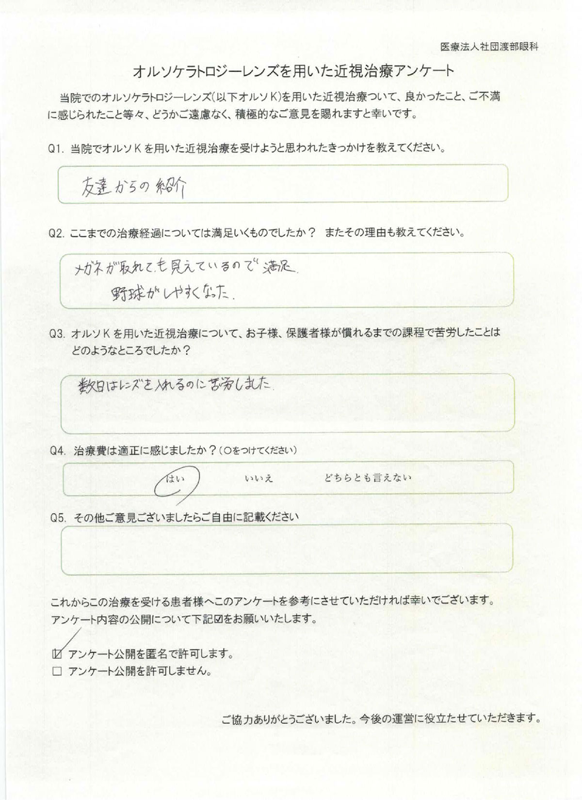 ICL手術 術後アンケート